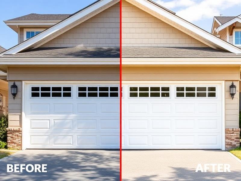 Before and after garage door installation showing quality workmanship
